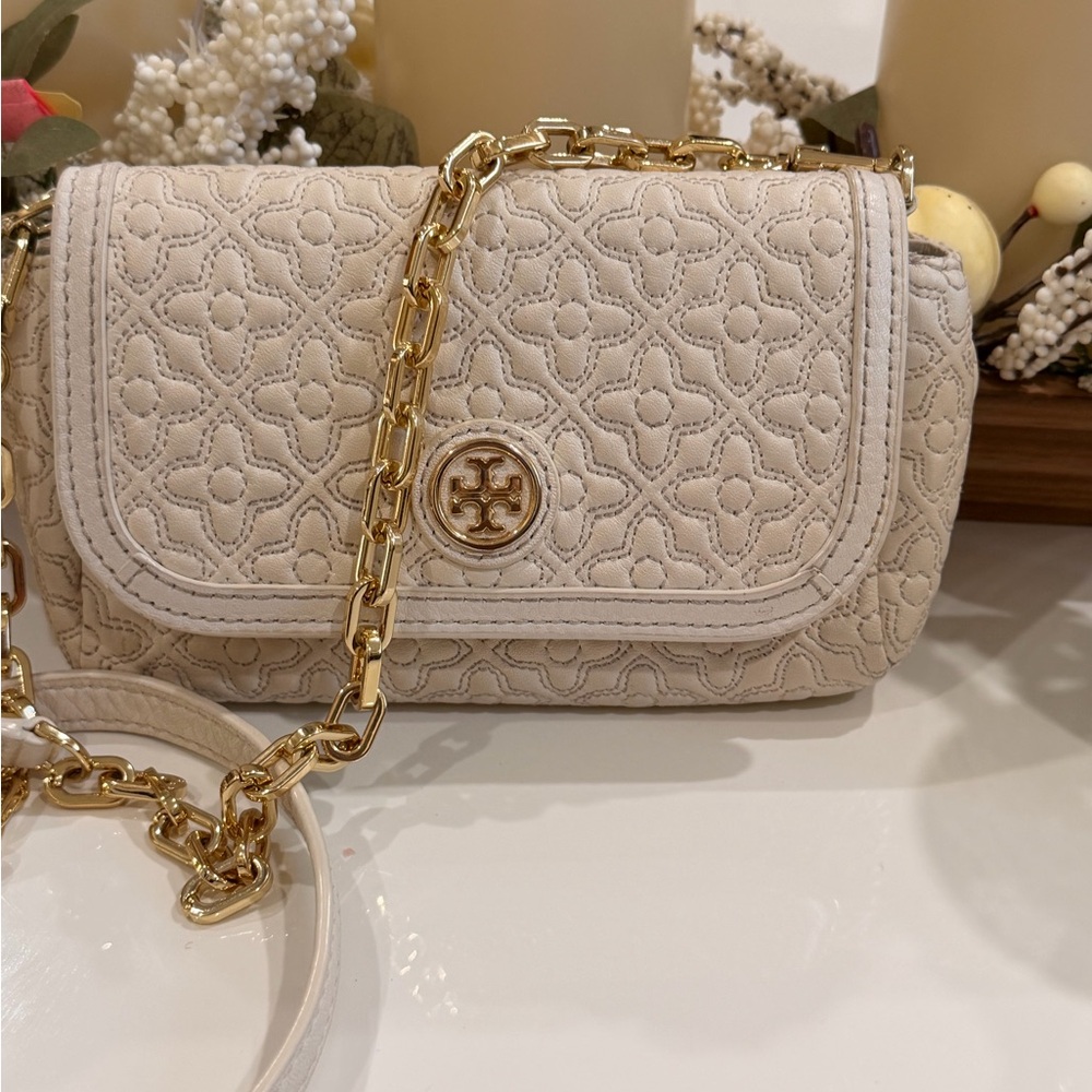 Tory Burch Beige Quilted Clutch with Gold Chain